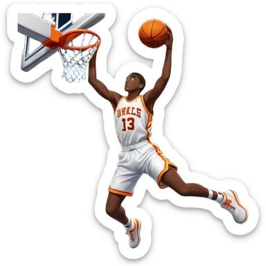 An icon showing a close-up of a basketball player in mid-air, performing an impressive dunk, inspired by NBA 2K25. The player is focused, with the ball in hand and the court in the background. Bright lights emphasize the action and excitement. Transparent background. sticker