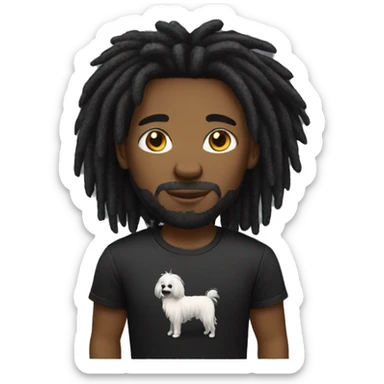 Black guy with black and white short fluffy dreadlocks, and black t-shirt sticker