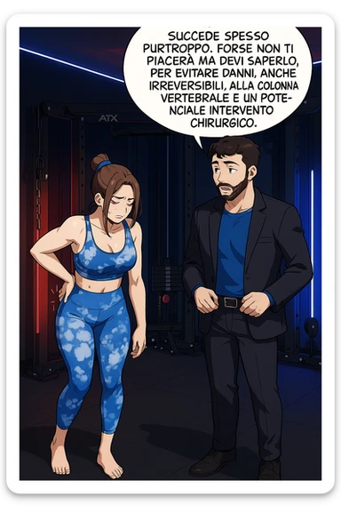 fai questa immagine in versione manga/webtoon a colori, il manga mostra l'uomo che risponde alla donne:
Succede spesso purtroppo. 
Forse non ti piacerà ma devi saperlo, per evitare danni, anche irreversibili, alla colonna vertebrale e un potenziale intervento chirurgico. sticker