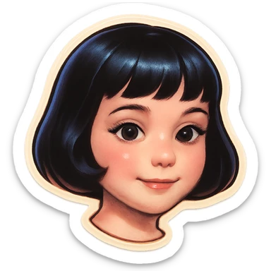 young cute girl with pale skin, black bob haircut, light makeup, big expressive eyes, gentle smile, Telegram sticker style, head only without neck, white background sticker