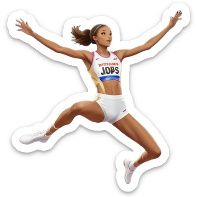 An icon featuring a female high jumper in mid-air, gracefully clearing a bar on a track. She wears a white athletic uniform and appears focused, with the background showcasing a vibrant stadium with cheering spectators and bright lights. Transparent background highlights the elegance  sticker