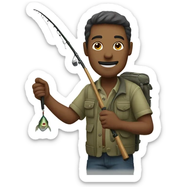 man holding fishing rod hooked with fish sticker