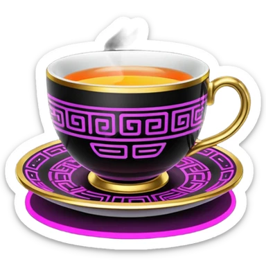  Unrealistic cyberpunk neon colprs, expensive tea cup with black and 14k gold pattern print sticker