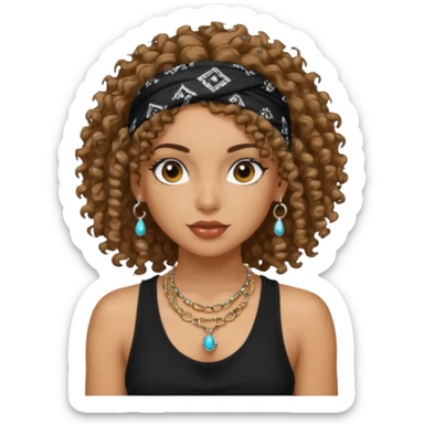 Baddie girl with black  tank top curly hairss and bandana and jwellery sticker