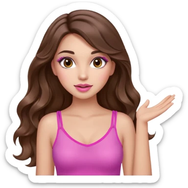 girl with long wavy brown hair, brown eyes, long lashes makeup, sexy pink lips, light to medium complexion, wearing a pink sexy top, one hand in the air high sticker