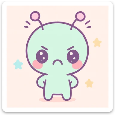 kawaii cartoon alien, angry pout, blushing cheeks, antennae twitching, oversized head, soft color palette sticker