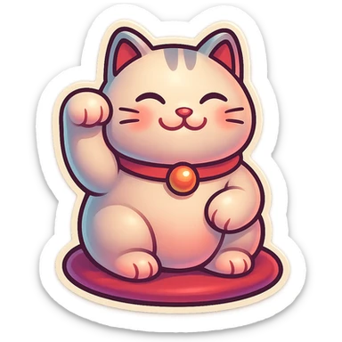 A plump maneki-neko cat with the face like in the second reference, sitting on a cushion like in the first reference. The left paw (from viewer's perspective) is raised, the right paw rests on the belly. Thin clean contours, soft rounded shapes, detailed drawing with shadows and highlights, pastel palette #98B5BC, #B5B3C1, #C9A3C9, #E4C0CA, #F7DCD1, #F7C0AA, modern Japanese pop art style, soft lighting, transparent background. sticker