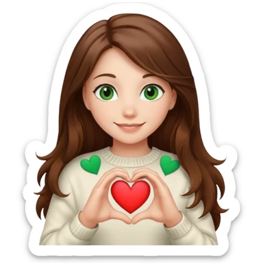 Girl green eyes brown long hair white warm sweater showing heart with her hands sticker