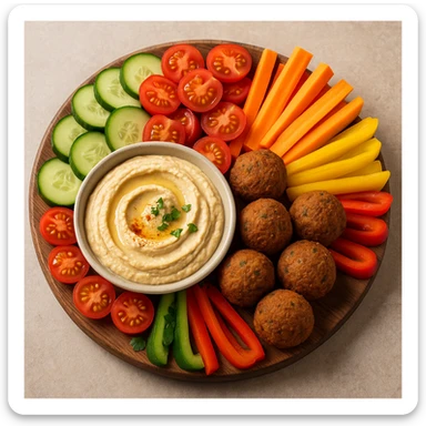 a Mediterranean vegetarian platter with hummus, falafel, and fresh vegetables sticker