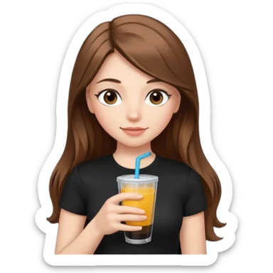 girl with long brown hair, rosey cheeks, long eyelashes dressed with a black thight tshirt and a drink in her hand sticker