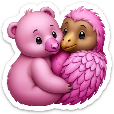 A bear and a pink dodo closely snuggled together:  Prompt: “An emoji representing a bear and a dodo snuggled closely together, symbolizing a couple. The bear has a soft and friendly appearance, while the dodo looks cute and expressive. They are leaning into each other sticker