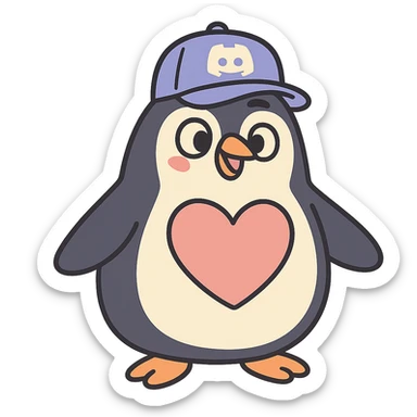 large penguin wearing a Discord hat with a large heart on its chest in pastel-toon style sticker