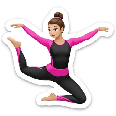 A female gymnast with brown hair in a neat bun, wearing black leggings and a T-shirt with neon pink elements, performing an acrobatic move. sticker