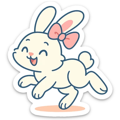 cutesy white bunny rabbit with a pink bow, hopping with floppy ears, pastel toon style sticker