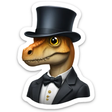 Can you make a dinosaur with a top hat, with a monocle glass, and a suit sticker