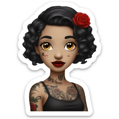 Pale black haired girl with black tattoos on body wearing red lipstick  sticker