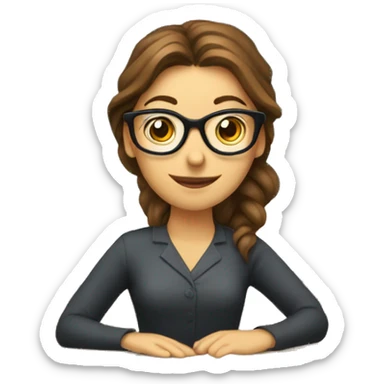 teacher, blue eyes, brown hair, ponytail woman, in front of blackboard, glasses sticker