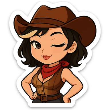 Chibi cowgirl with short hair and a blonde streak, wearing a cowboy hat and western outfit, no guns. Pose: hands on hips, big confident smile, sexier look with more feminine curves and a flirty expression. Chibi/anime style, transparent background, sized for Twitch or Discord use. sticker