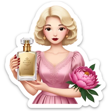 A delicate glass bottle of rosewater perfume with gold details beside lush pink peonies. Soft light enhances the romance, while a dark red velvet backdrop adds vintage glamour."
 sticker