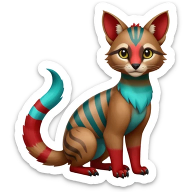 Colorful dark green blue Cyan red crimson striped tropical exotic cute cool beautiful shiny beautiful fantasy-caracal-civet-genet-sergal-vernid-Gryphon-Cacomistle-Trico-oncilla-animal-Fakémon-hybrid-fursona (full body) sticker