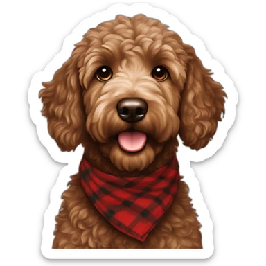 Chocolate brown colored golden doodle with a red and black flannel hankerchief sticker