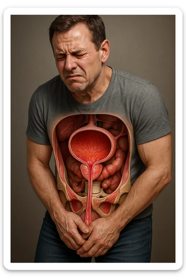 Vertical, hyper-realistic 3D cutaway illustration: uomo con difficoltà con cistite e problemi  sticker