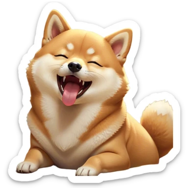 Cinematic Cute Yawning Shiba Inu Portrait Emoji, Head tilted slightly with a dramatic, wide-open yawn, showcasing a vibrant fur with a soft creamy underbelly, floppy ears slightly drooping, round brown eyes barely open in drowsy contentment, Simplified yet irresistibly adorable features, highly detailed, glowing with a soft, cozy glow, high shine, relaxed yet expressive, stylized with a touch of whimsy, bright and endearing, soft glowing outline, capturing the essence of a sleepy yet affectionate companion, so drowsy it feels like it could stretch out of the screen and curl up for a nap! sticker