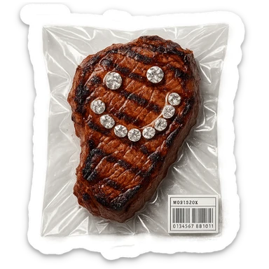 grilled steak with scattered diamonds, glossy, vacuum-sealed style sticker
