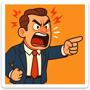 male boss shouting, furious expression, pointing finger, formal clothes, animated style sticker