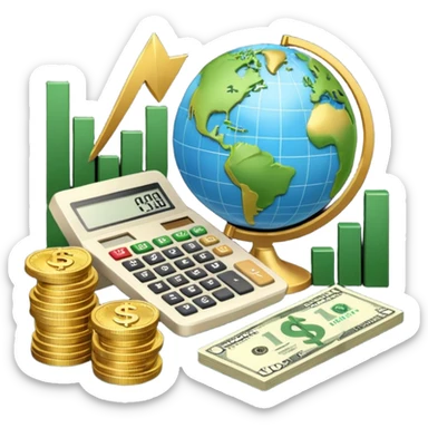 An icon featuring a calculator, a dollar sign, and a chart with upward trends, symbolizing economics. The design includes coins, bills, and a globe, representing global trade and financial systems. Transparent background highlights the study of markets, supply, and demand. sticker