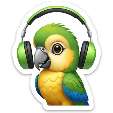 A parrot with its eyes turned upside down with a headset that dances in rhythm as if it were crazy sticker