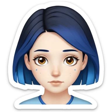 Pale girl with brown eyes and freckles, black hair, with two strips of blue hair sticker