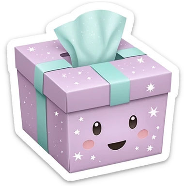 Cute emoji-style illustration of a small aesthetic packaging box with tissue paper and sparkles, pastel neutral tones, minimal design, clean background. sticker