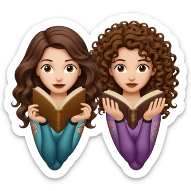 spell confusion — long wavy brown hair tattooed woman and short tight curly brown hair woman — scroll upside down sticker