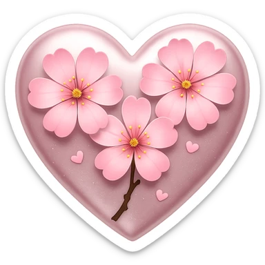 Enhance the silver highlights and overlay on the heart with sakura blossom in the style of apple emojis. Keep the style consistent with apple emoji style and ensure no background (transparent). sticker