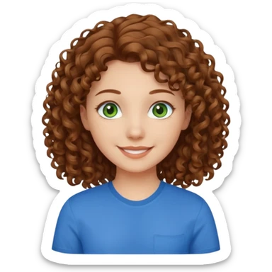 girl with brown hair, green eyes with a blue shirt no background ,young with curly hair smileing sticker