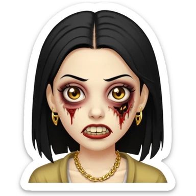Faça uma zombie mulher com grillz com olhos castanhos cabelos liso preto partido ao meio e estilo baddie sticker