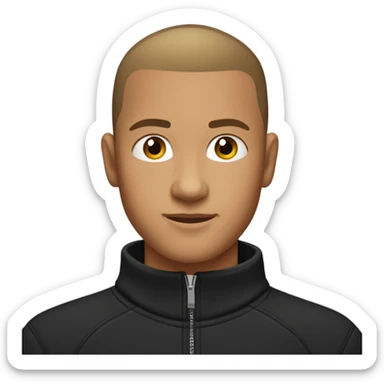 boy with light tanned skin, buzz cut, no facial hair, wearing a smart black quarter zip jumper with white t shirt underneath. sticker