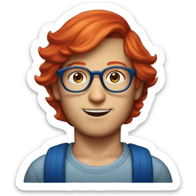 boy red hair 30s wearign blue hat and steve jobs glasses sticker