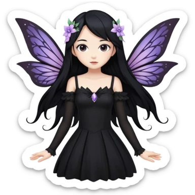 Gothic anime fairy with long beautiful black hair and black dress, pastelcore, sticker