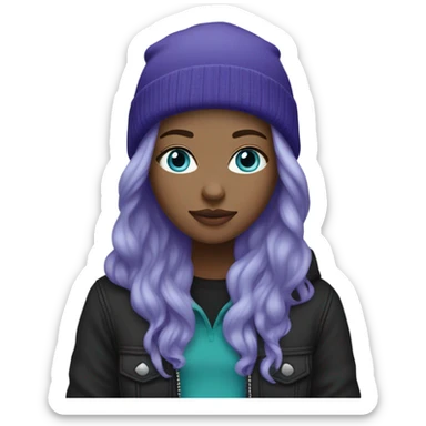White girl, blue eyes, long teal hair, purple beanie hat, black hoodie, blue jeans, black shoes sticker