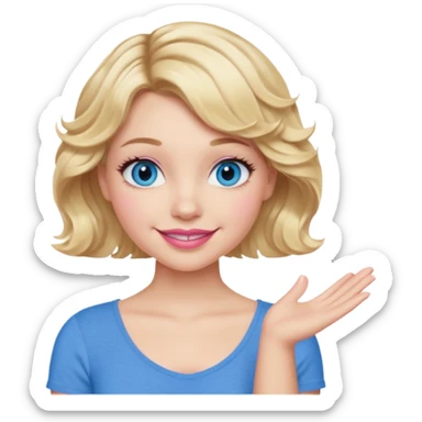 Girl Blonde short wavy hair,  blue eyes, cute blue top, long lashes, pink lips, smiling, one hand 🤷🏼‍♀️  sticker