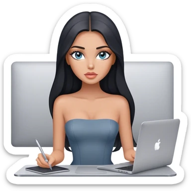 Glamours tanned very beautiful girl with pump peach lips and black straight smooth long hair, blue-grey eyes in grey strapless bodysuit with one MacBook in office sticker