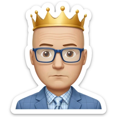 Larger 50-year-old man with wide square face. Male pattern baldness with hair only on top/crown of head, completely bald sides. Large dark square glasses. Serious expression. Light gray blazer, white shirt with blue checkered pattern. sticker