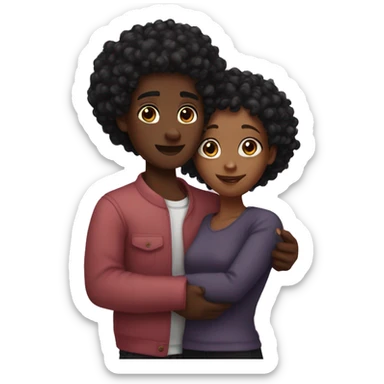 Black girl with curly dark pink hair and brown boy with short black hair hugging  sticker