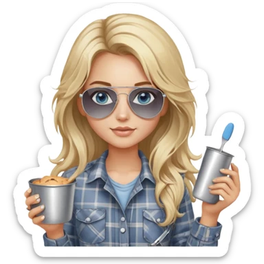 girl with long blond messy hair wearing grey plaid shirt with blue eyes and aviator sunglasses wearing a ring on her silver necklace, holding baking supplies sticker