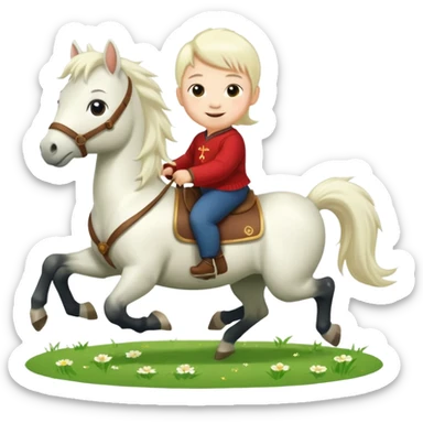 l little chinese baby riding on a  cute horse running on the grass with 2026 year label sticker