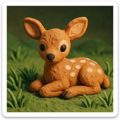 fawn with spots, lying in grass, soft lighting, cute and detailed fur, claymation style sticker