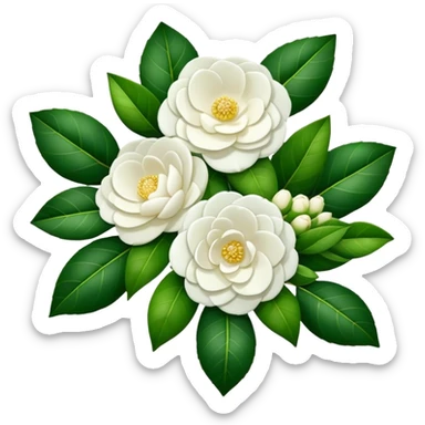 big bouquet White Camellia, luxuriant, stem, leaf sticker