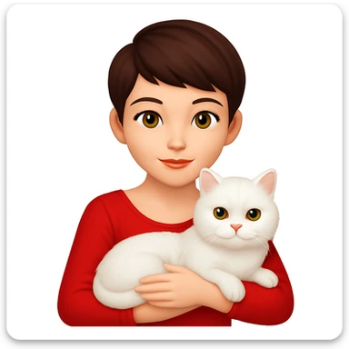 Brunette woman snuggling white Persian cat, emoji style, wearing a red dress, with a pixie cut sticker